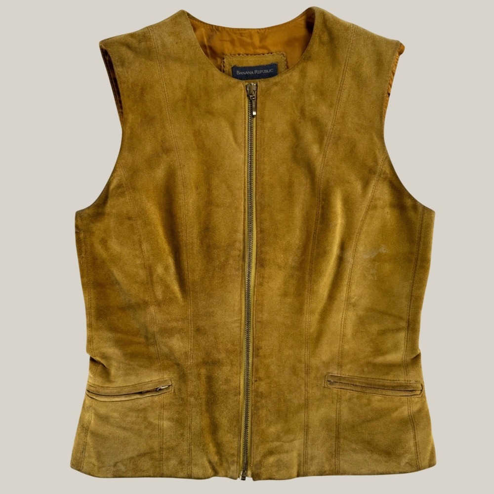 Vintage Banana Republic Suede Leather Vest Womens 4 Mustard Yellow Zip Front - Picture 11 of 12